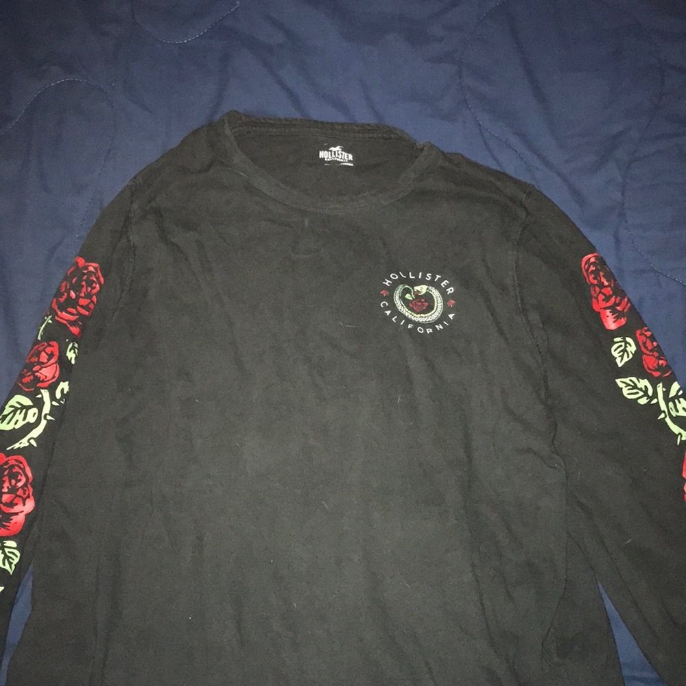 Black Long Sleeve Hollister Shirt With Rose Design